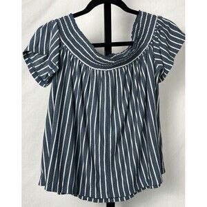 American Eagle Outfitters Top Crop Smocked Off Shoulder Blue White‎ Stripe Large